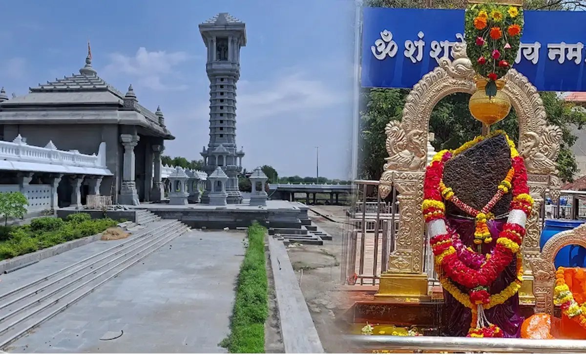Shani Shingnapur temple and the open-air Shani Dev shila decorated with marigold garlands